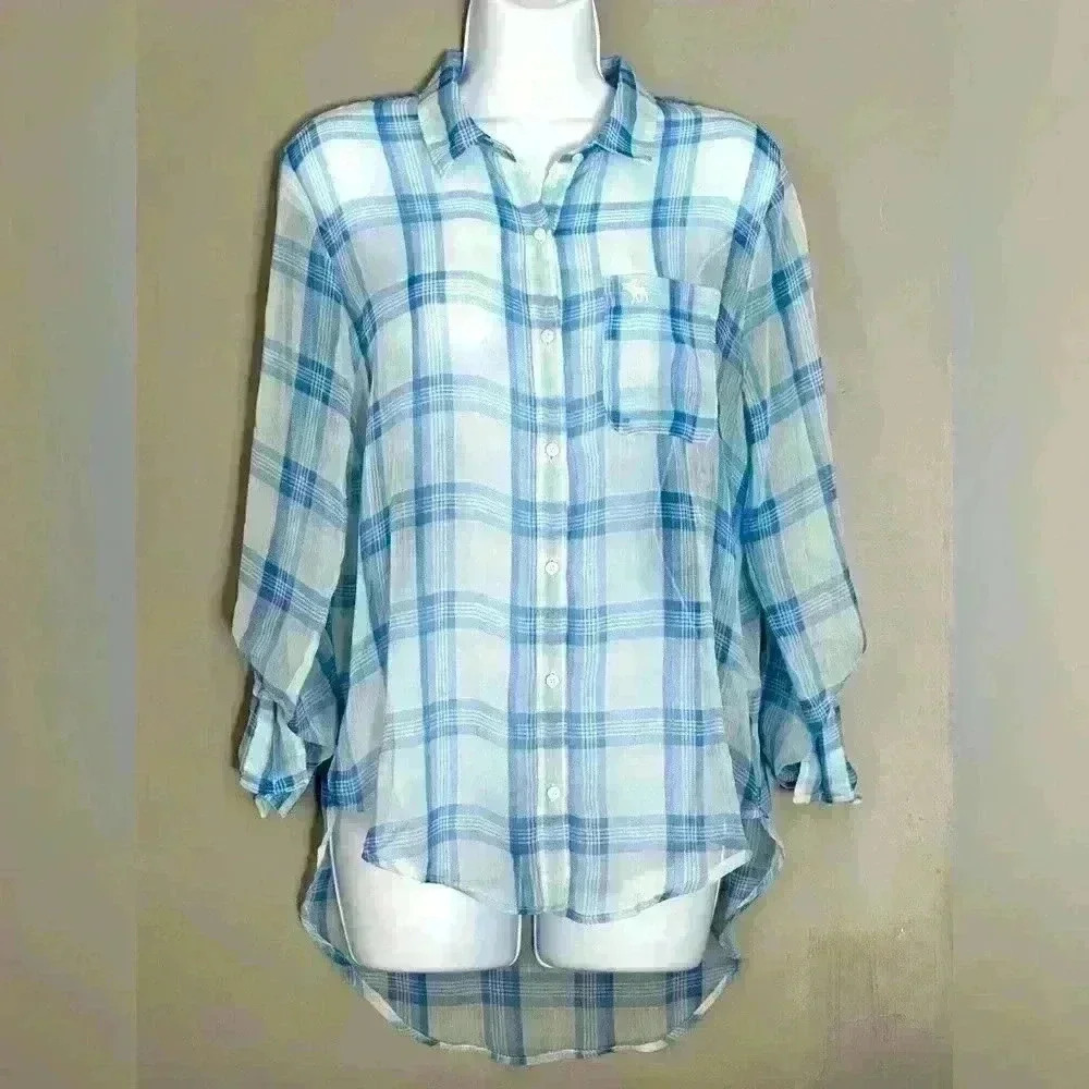 Abercrombie and Fitch Blue and White Plaid Sheer Women's Top (289)